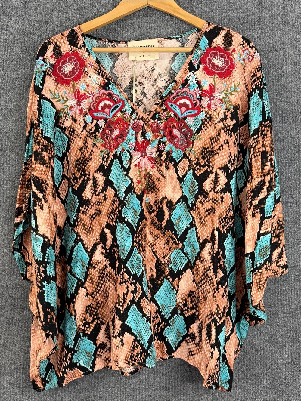 Savanna Jane Womens Dolman Sleeve Embroidered Boho Top Size Large Turquoise